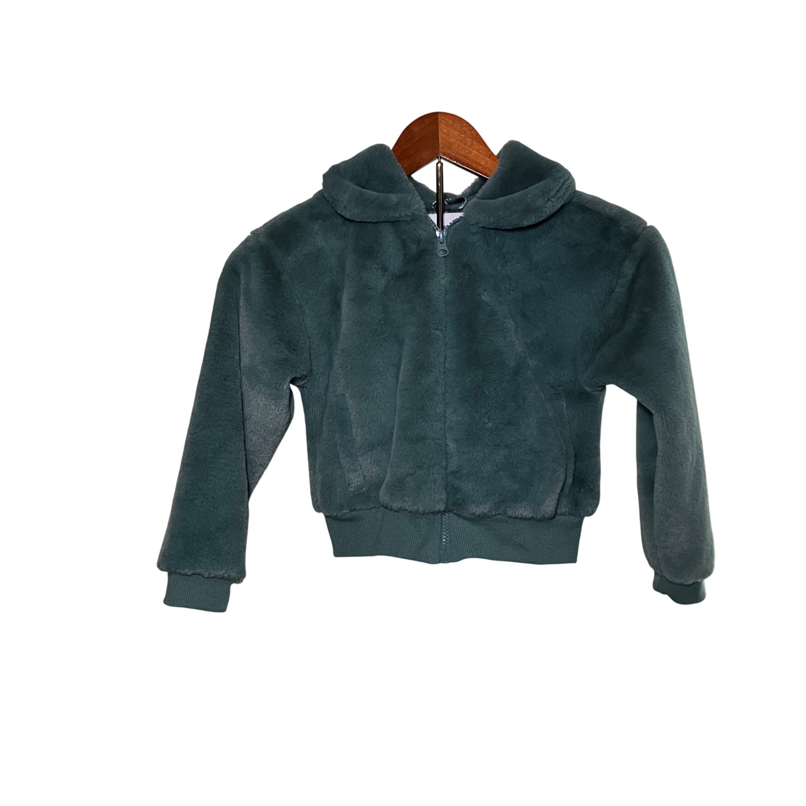 Amazon Essentials Kids Girls Size 6/7 Faux Fur Jacket Green Zip Frint